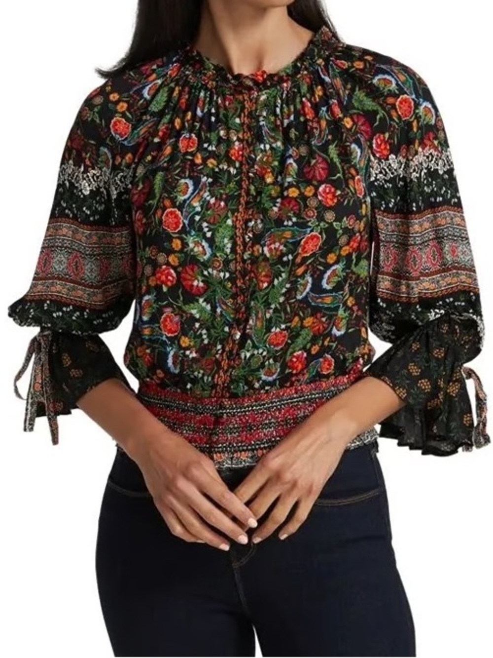 Alice + Olivia Kora Smocked Peasant Top Paradise Multi sz L - Picture 2 of 8